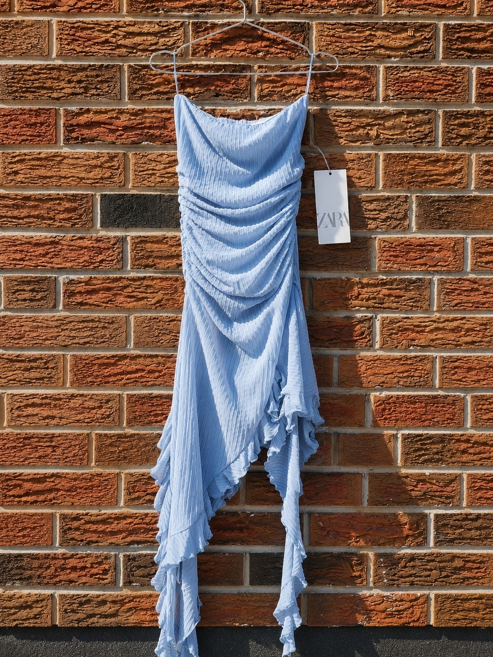 ZARA Strapless Pleated Ruffle Asymmetrical Dress Light Blue Size S NWT